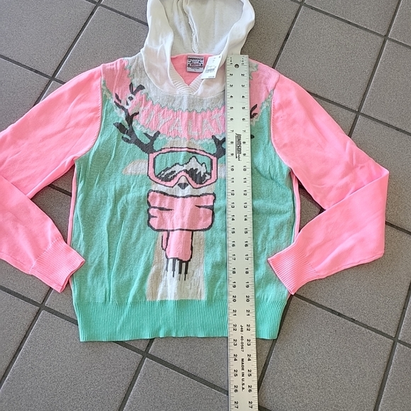 Juniors Large Retro Well Worn Holiday Ugly Hooded Sweater SKIYA LATER Reindeer - Picture 4 of 10